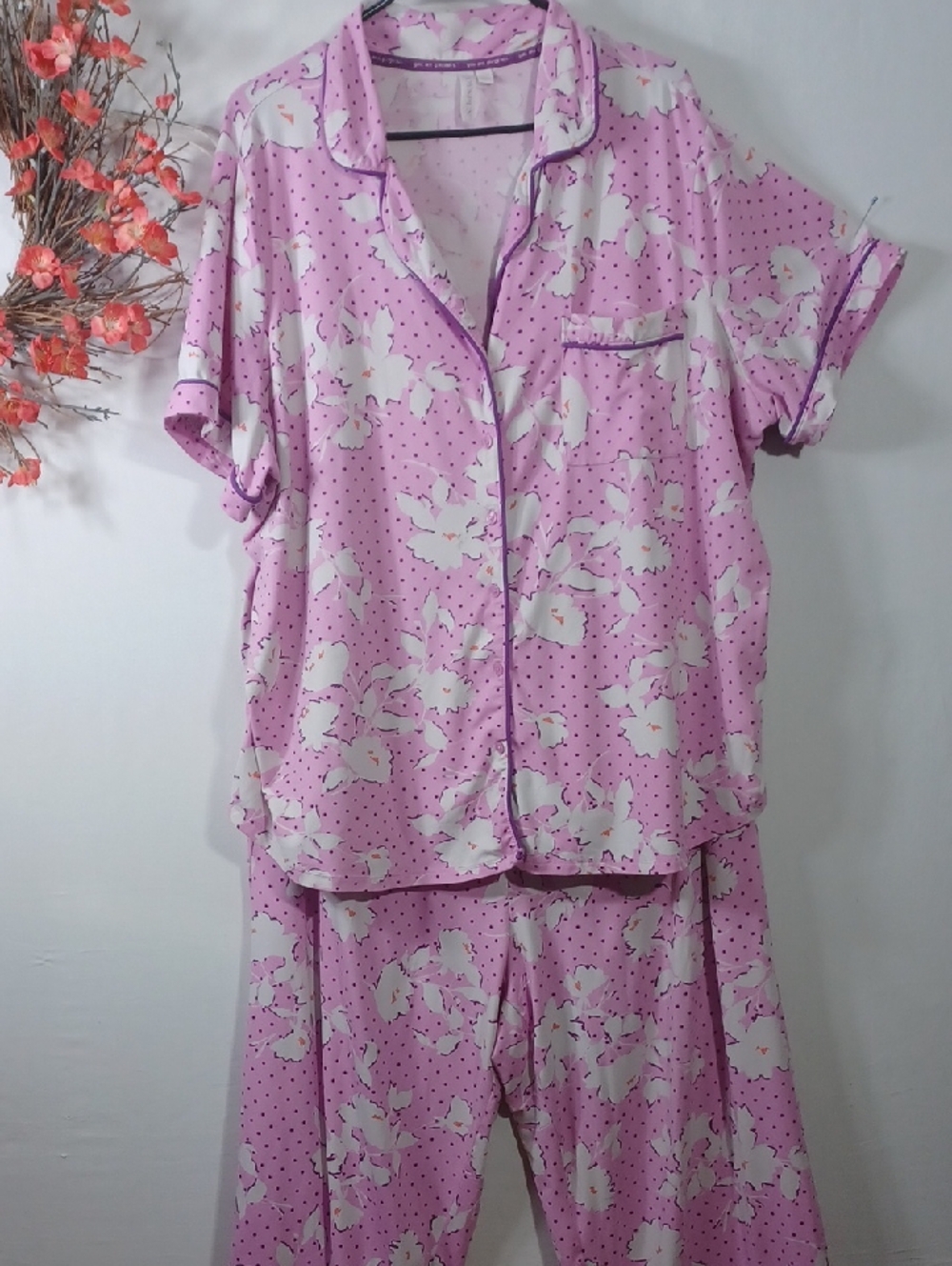 Women's Lavender Floral Short-Sleeve Pajama Set with Notch Collar